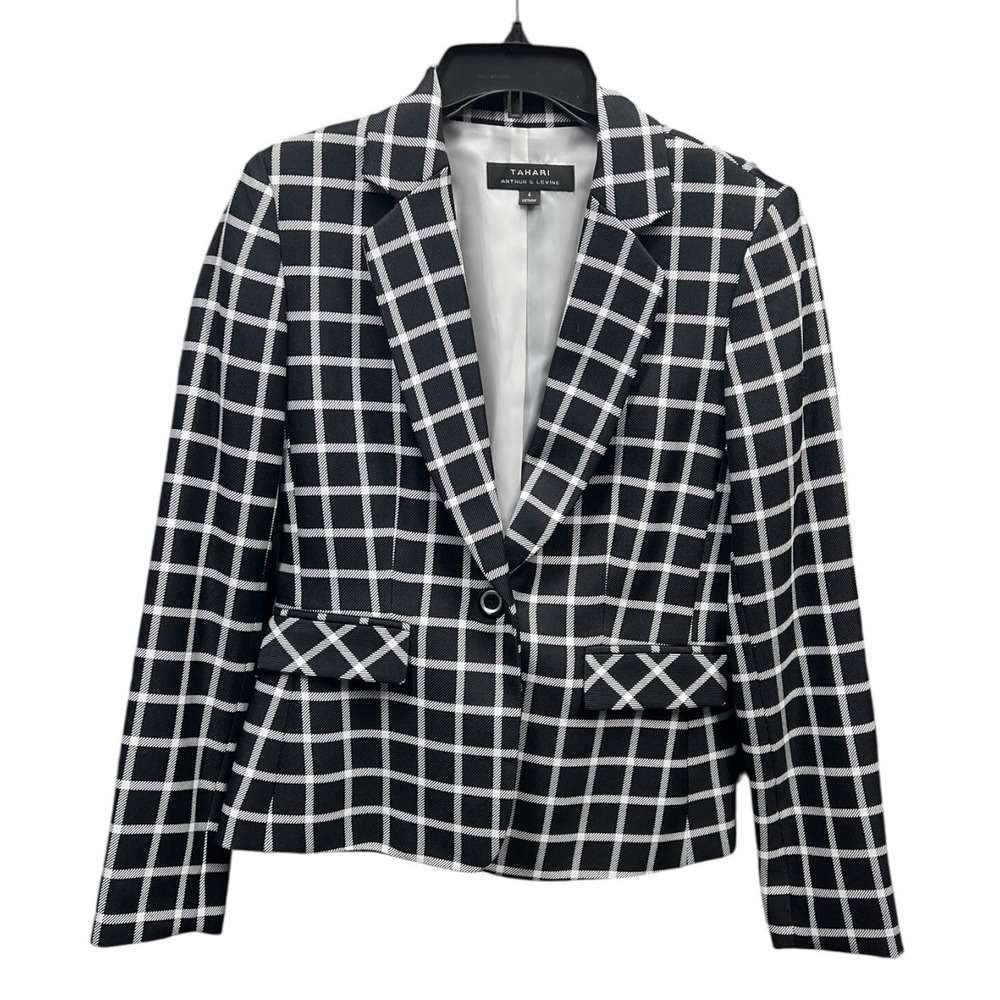 Tahari Arthur S. Levine Plaid Lined Blazer Jacket Black White Size 4‎